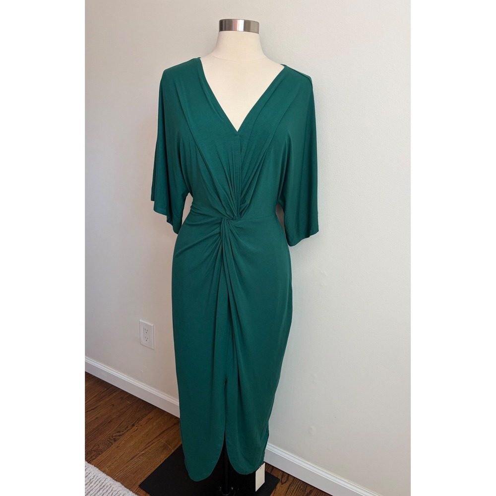 Halara Green Batwing Sleeve Twisted Tulip Hem Midi Casual Dress L NEW Boho Soft